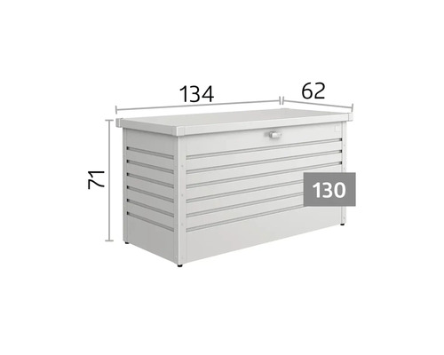 Ladă de grădină din metal cu dimensiuni: lungime 134 centimetri, adâncime 62 centimetri, înălțime 71 centimetri, model 130.