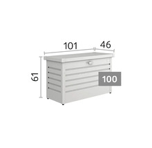 Cutie de grădină cu dimensiuni: lățime 101 centimetri, adâncime 46 centimetri, înălțime 61 centimetri. Model 100.