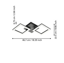Plafonieră LED cu două cadre pătrate, dimensiuni 46,7 centimetri lățime, 22,5 centimetri adâncime și 6,75 centimetri înălțime.