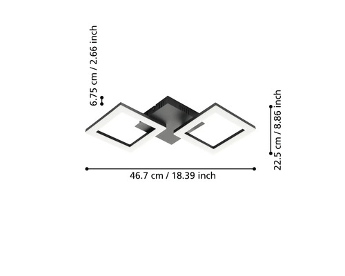Plafonieră LED cu două cadre pătrate, dimensiuni 46,7 centimetri lățime, 22,5 centimetri adâncime și 6,75 centimetri înălțime.