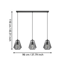 Lustră cu trei brațe cu abajururi din plasă de sârmă neagră, înălțime 110 centimetri, lățime 96 centimetri.