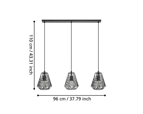 Lustră cu trei brațe cu abajururi din plasă de sârmă neagră, înălțime 110 centimetri, lățime 96 centimetri.
