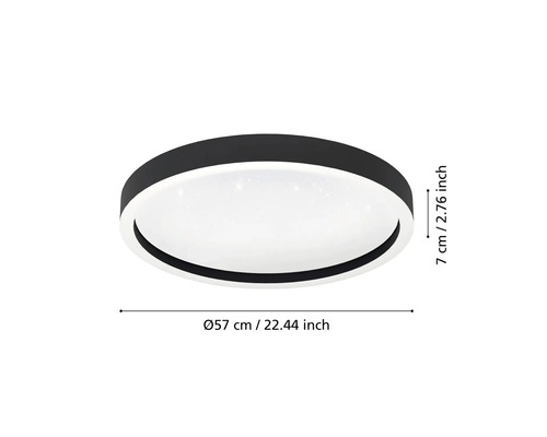 Plafonieră LED rotundă neagră cu efect stelar, diametru 57 centimetri și înălțime 7 centimetri.