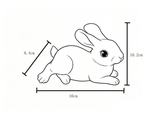 Desen al unui iepure culcat cu dimensiuni: 16 centimetri lungime, 10,2 centimetri înălțime și 8,4 centimetri lățime.