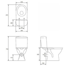 Desen tehnic cu dimensiunile pentru un vas de toaletă stativ cu rezervor.