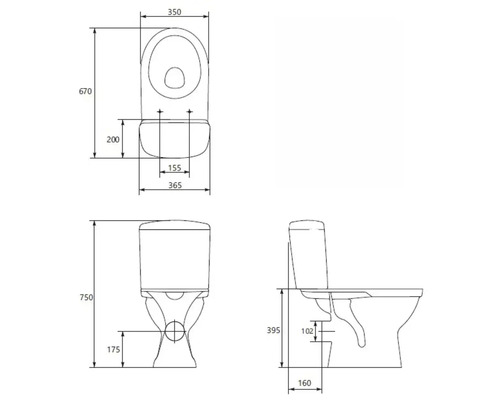 Desen tehnic cu dimensiunile pentru un vas de toaletă stativ cu rezervor.