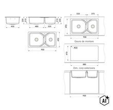 Schiță tehnică pentru o chiuvetă dublă cu dimensiuni exterioare de 900 pe 490 milimetri și dimensiuni de decupare de 880 pe 470 milimetri. (Image AI modified or generated)