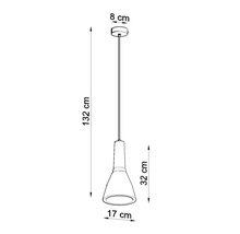 Desen tehnic al unei lămpi suspendate cu dimensiuni: înălțime totală 132 centimetri, înălțime abajur 32 centimetri, diametru abajur 17 centimetri.