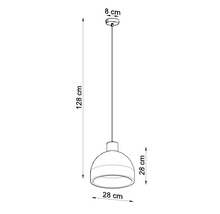 Schiță cu dimensiuni pentru o pendulă cu înălțime totală de 128 centimetri, diametru abajur 28 centimetri și bază de tavan 8 centimetri.
