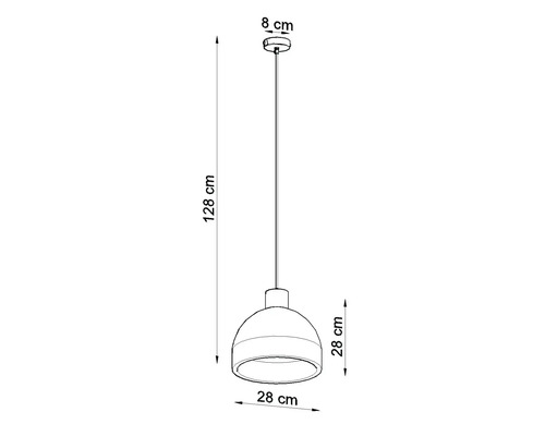 Schiță cu dimensiuni pentru o pendulă cu înălțime totală de 128 centimetri, diametru abajur 28 centimetri și bază de tavan 8 centimetri.