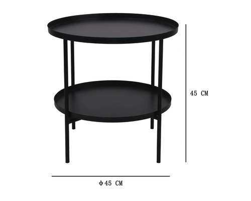 Măsuță laterală rotundă din metal cu două rafturi, diametru 45 centimetri, înălțime 45 centimetri.