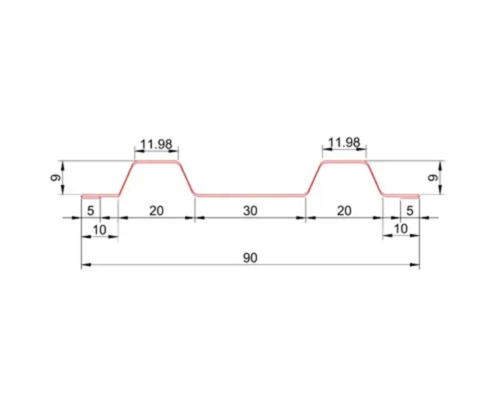 Desen tehnic al secțiunii transversale a unei table cutate cu dimensiuni în milimetri.