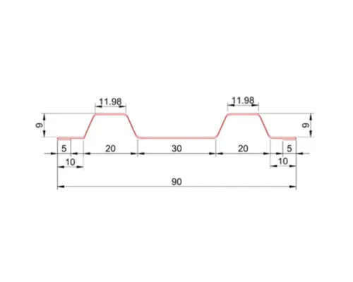 Desen tehnic al secțiunii transversale a unei table cutate cu dimensiuni în milimetri.