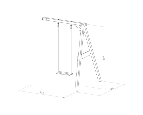 Schiță tehnică a unui cadru de leagăn din lemn cu șezut și dimensiuni în centimetri