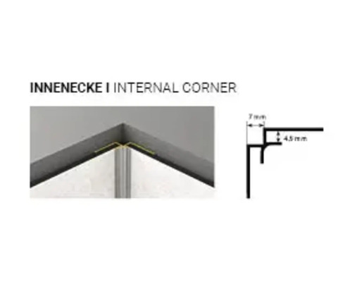 Colț interior pentru plăci ceramice ca accesoriu pentru placarea pereților cu dimensiuni de 7 milimetri și 4,5 milimetri.