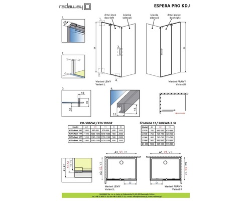 Desen tehnic al unei cabine de duș Radaway Espera Pro KDJ cu dimensiuni