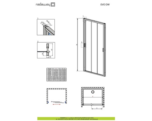 Desen tehnic al cabinei de duș Radaway EVO DW cu dimensiuni