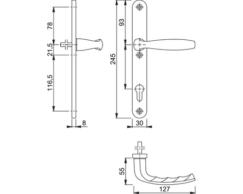 Desen tehnic al unui mâner de ușă cu dimensiuni