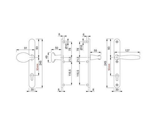 Desen tehnic al unui mâner de ușă cu dimensiuni.