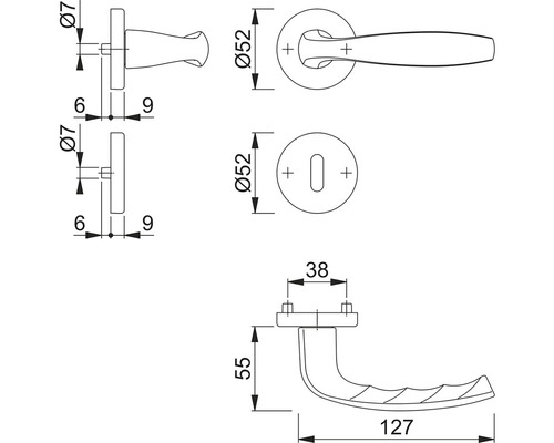 Desen tehnic al unui mâner de ușă cu dimensiuni