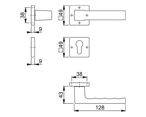 Desen tehnic al unui mâner de ușă cu dimensiuni