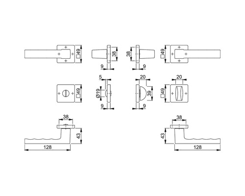Desen tehnic al unui mâner de ușă cu dimensiuni