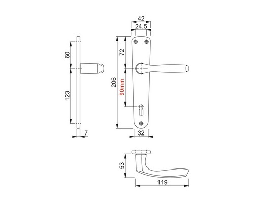 Desen tehnic al unui mâner de ușă cu dimensiuni