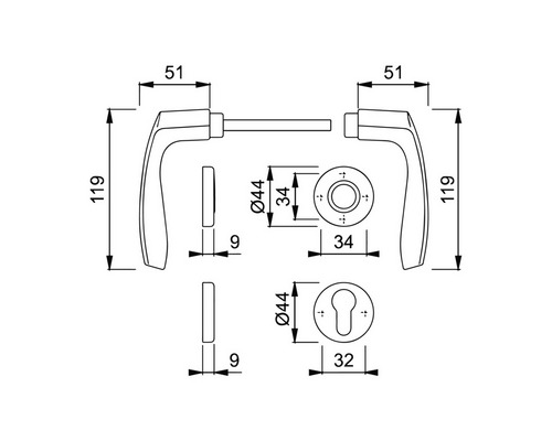 Desen tehnic al unui mâner de ușă cu dimensiuni