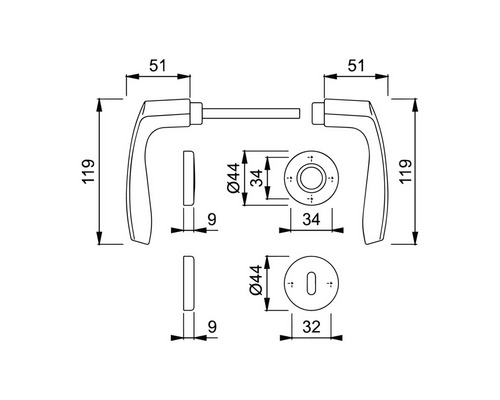 Desen tehnic al unui mâner de ușă cu dimensiuni
