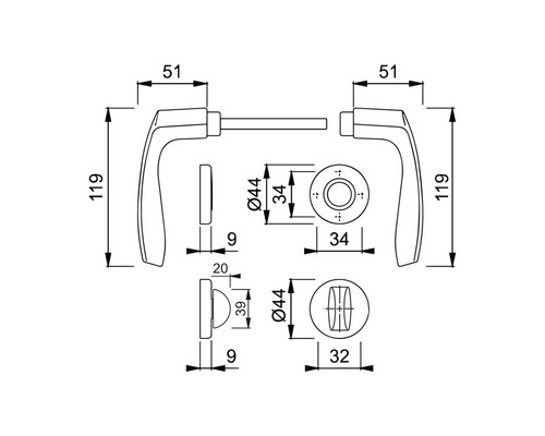 Desen tehnic mâner de ușă cu dimensiuni