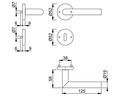 Desen tehnic al unui set de mânere de ușă cu dimensiuni