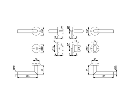 Desen tehnic al unui mâner de ușă cu dimensiuni