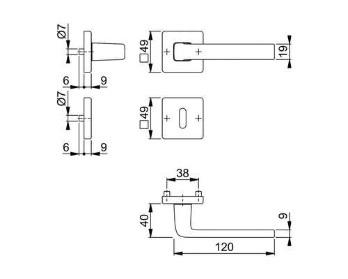 Desen tehnic al unui mâner de ușă cu dimensiuni