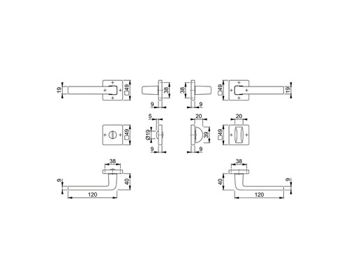 Desen tehnic al unui set de mânere de ușă cu dimensiuni