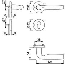 Desen tehnic al unui mâner de ușă cu dimensiuni