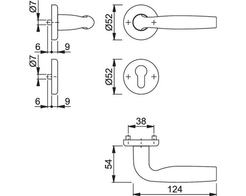 Desen tehnic al unui mâner de ușă cu dimensiuni