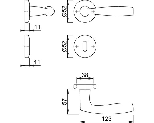 Desen tehnic al unui mâner de ușă cu dimensiuni