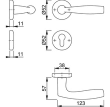 Desen tehnic al unui mâner de ușă cu dimensiuni