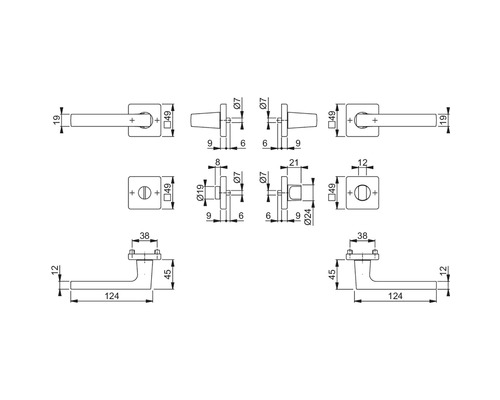Desen tehnic al unui mâner de ușă cu dimensiuni