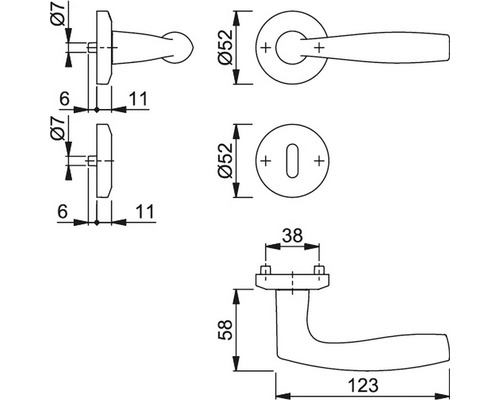 Desen tehnic mâner de ușă cu rozetă și dimensiuni