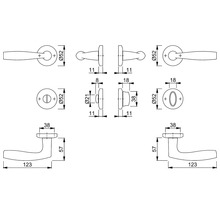 Desen tehnic al unui set de mânere de ușă cu dimensiuni