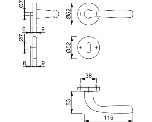 Desen tehnic al unui mâner de ușă cu dimensiuni