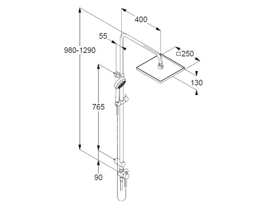 Desen tehnic al unei baterii de duș cu dimensiuni