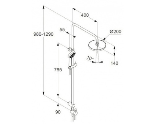 Desen tehnic al unui set de duș cu duș de cap și duș de mână cu dimensiuni