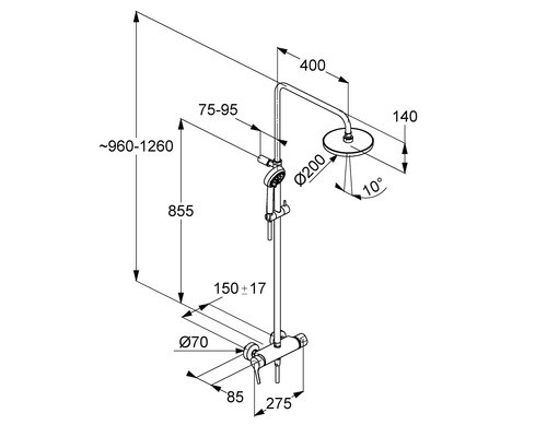 Desen tehnic al unei armături de duș cu dimensiuni