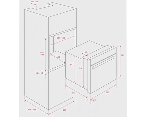Desen tehnic al unui cuptor încorporabil cu dimensiuni