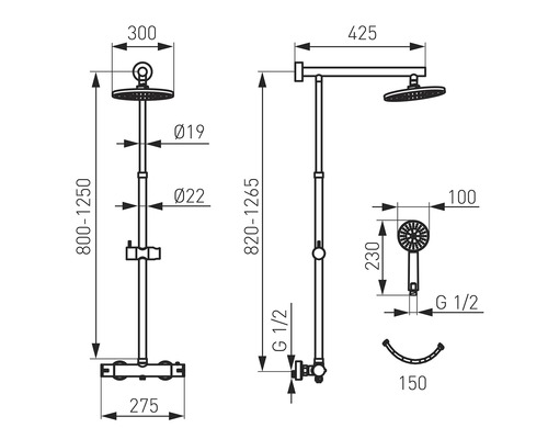 Desen tehnic al unui set de duș cu dimensiuni indicate