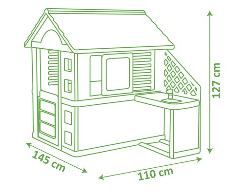Dimensiunile unei căsuțe de joacă cu o lățime de 145 centimetri, o adâncime de 110 centimetri și o înălțime de 127 centimetri.