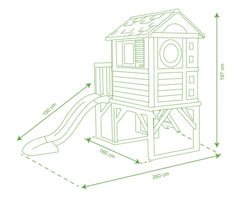 Dimensiunile unei căsuțe de joacă cu tobogan: 197 cm înălțime, 160 cm lățime, 260 cm lungime și 150 cm lungimea toboganului