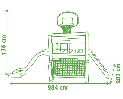 Dimensiunile unui turn de joacă cu tobogan, plasă de cățărare și coș de baschet: 176 cm înălțime, 284 cm lățime și 203 cm adâncime